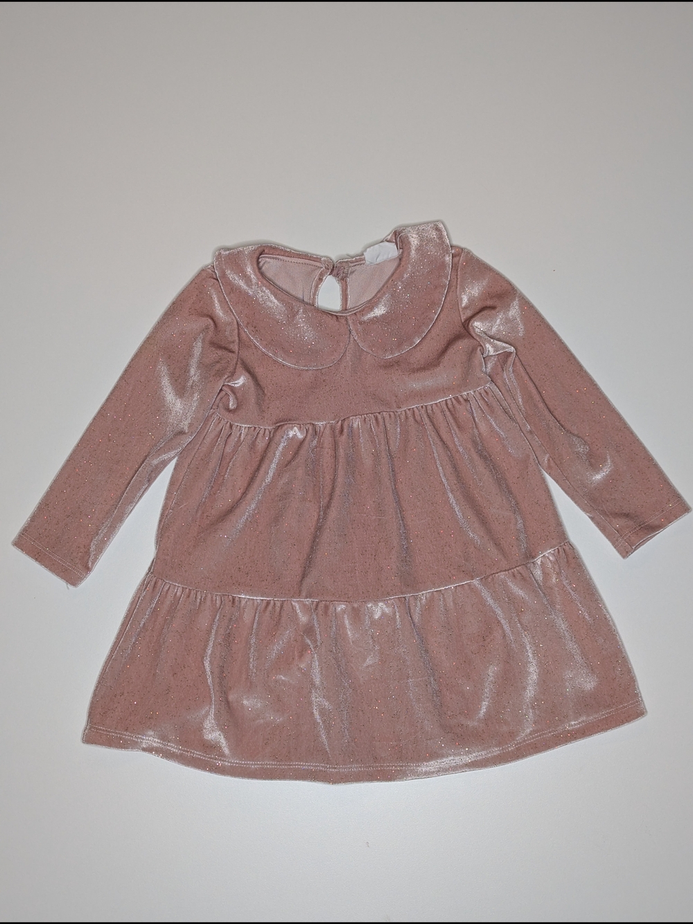 Fred & Flo Girls' Shimmer Pink Velvet Tiered Dress with Peter Pan Collar